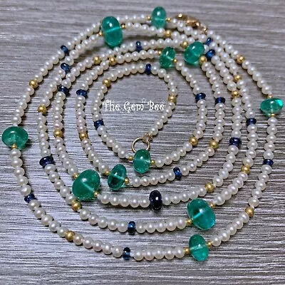 Seed Pearl Burmese Blue Sapphire Zambian Emerald Bead 18k Gold Opera Necklace • $3000