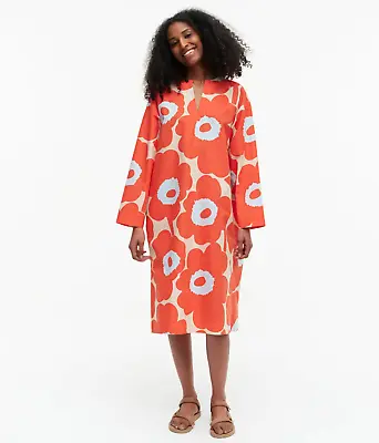 NWT MARIMEKKO Sarja Unikko Organic Cotton Dress  |  Orange-Lt Blue-Beige  40 • $275