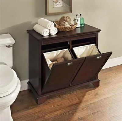 Tilt Out Laundry Hamper Double Basket Bedroom Bathroom Brown Wood Linen Cabinet • $229.89