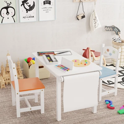 £55.99 • Buy Kids Table And Chair Set With Drawing Paper Roll Holder Activity Desk Wooden