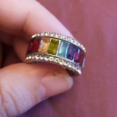 Rainbow Colours Full Eternity Ring Possibly Silver And Two Outer Lines Ofcz • £8.50