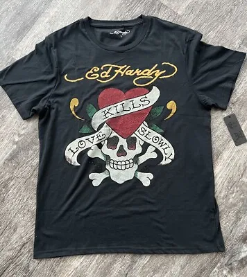 Ed Hardy Rhinestone Love Kills Slowly Heart Skull T-Shirt Black Tee Men Sz XL • $34.95