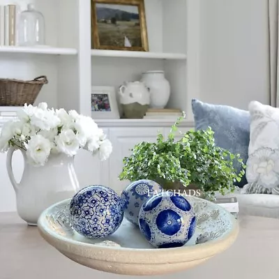 Set Of 3 Ornamental Floral Ceramic Deco Balls Sculptures Decorative 7cm Spheres • £18.95