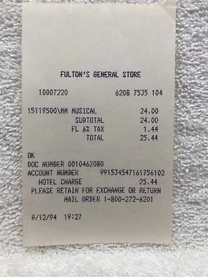1994 Fulton's General Store Receipt Lake Buena Vista Disney Port Orleans FL Vtg • $2.29