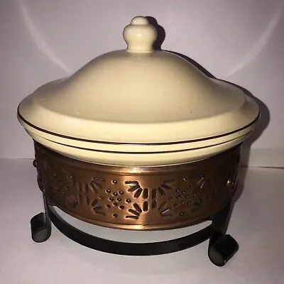 Vintage Pfaltzgraff Stoneware Round Copper Band Stand Chafing Dish Set • $48