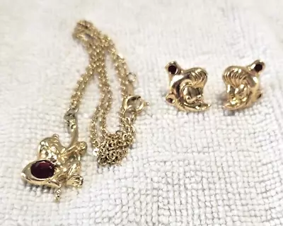 Vintage Avon Kids Aladdin Abu Necklace & Earring Set ~ Gold Color With Red Stone • $34.95