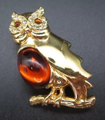 Monet Signed Jelly Belly Owl Rhinestone Gold Tone Brooch Pin Vintage Estate Nice • $16.99