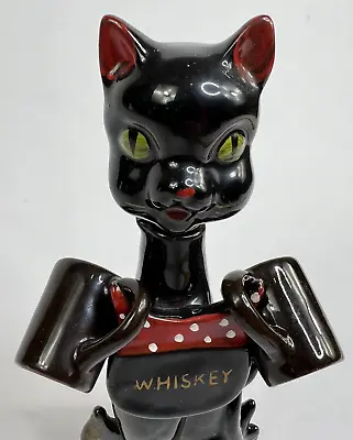 Vintage MCM Black Cat Whiskey Decanter W/ 2 Cups Artmark Japan Fire Molded Clay • $59.99