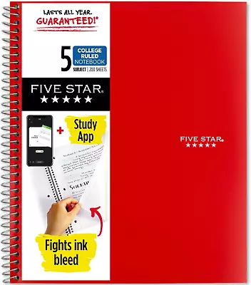 Five Star Spiral Notebook 5-Subject College Ruled Paper 11 X 8-1/2 200 Sheet • $11.21