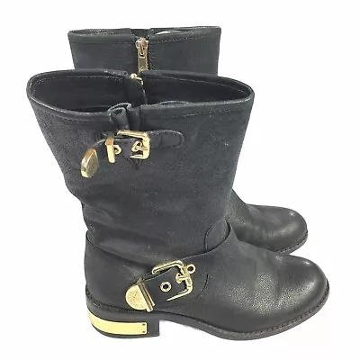 Vince Camuto Winchell Moto Boot 7 Womens Black Leather Gold Buckle Calf High • $29.75