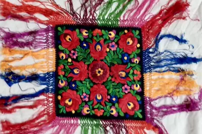 Antique Beautiful Hungarian Square Silk Embroidery Tablecloth  Textile Fabric 03 • $40