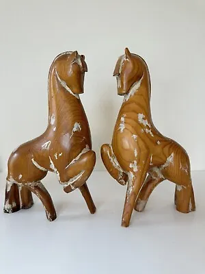 Mid Century Teak Carved Wood Horse Sculpture Set 2 Distressed MCM Large 11” Flaw • $35.96