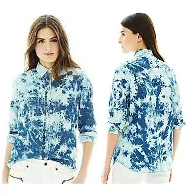 Joe Fresh Women's Light Blue Acid Wash Tie Dye Denim Shirt Size M/M • £29.19