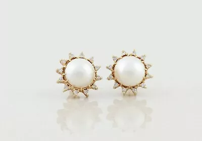 14k Yellow Gold Mabe Pearl And Diamond Halo Earrings Stud Post Earrings • $850