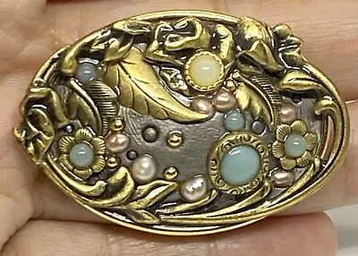 Vintage Michal Golan Gold Tone Gemstones Oval Pin Brooch Pendant 2 X 1.1/8” • $45