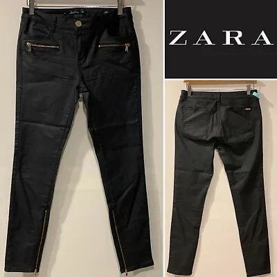 ZARA Black Lt Wax Finish Zip Stretch Jeans Mid Rise Slim Fit US 6/AUST 10/EU38 • £37.05