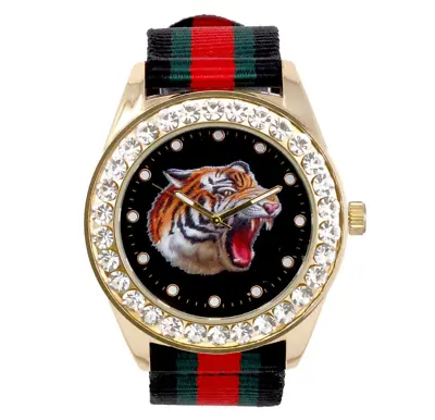 Gold Bling Iced Watch Rapper Lab Diamond Nylon Band Tiger Dial Hip Hop Watch • $19.99