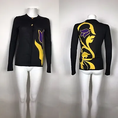 Rare Vtg Versace Black Yellow Print Button Cashmere Top IT 38 • $248