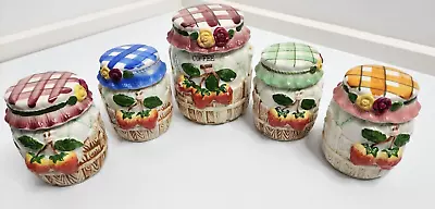 Vintage Kitsch Strawberry Porcelain Coffee Sugar Tea Jars Canisters Retro Set 5 • $49