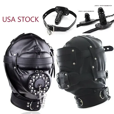 Bondage Hood Headgear Pu Leather Mask With Mouth Gag Plug Muzzle Restraints • $9.59