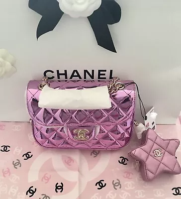 New Chanel 24C Light Purple Mirror Calfskin Mini Flap Bag & Star Coin Purse • $8750