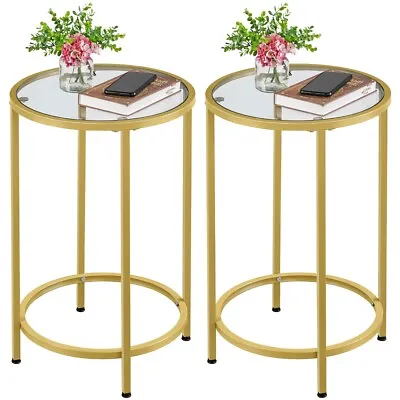 $78.99 • Buy Set Of 2 Round End Side Tables Small Coffee Tea Tables W/ Glass Top& Metal Frame