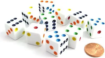 Set Of 10 Six Sided D6 16Mm Standard Dice White With Multi-Color Pips • $10.99