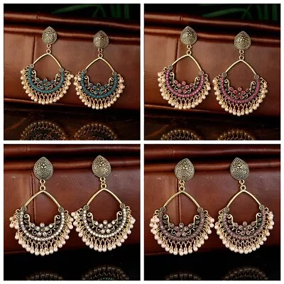 Retro Gold Color Flower Drop Earring Boho Luxury Pearl Rhinestone Indian Earring • $3.29