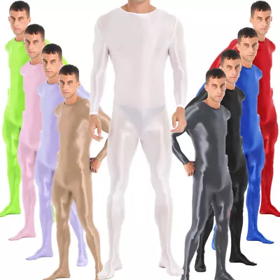 Men Shiny Long Sleeve Bodystocking Nightwear Glossy Full Body Bodysuit Sportwear • $15.82