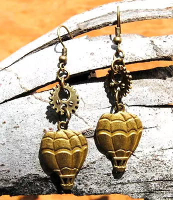 Earrings / Bronze Hot Air Balloon And Gears / Jewelry /  Dangle & Drop / Gift • $13.95