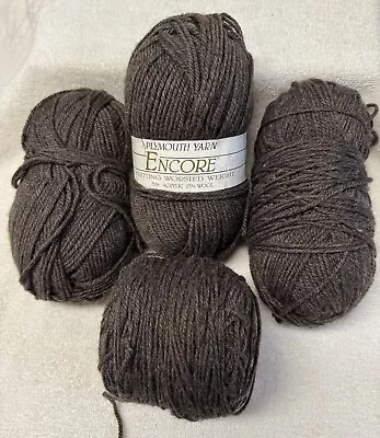 4 Skein Plymouth Encore Worsted Yarn 6001 Dark Brown 25% Wool 75% Acrylic 3.5oz • $15