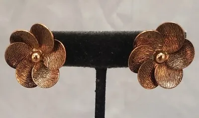 Flower Themed Detailed Huggie Style Copper Metal Screwback Clip Vintage Earrings • $12