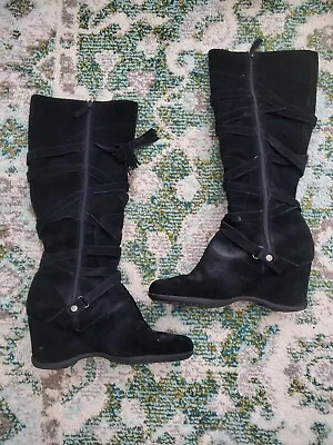 Me Too Womens Size 9 Black Suede Knee High Boots Wedge Heel Zipper Fall Winter • $30