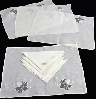 Madeira Embroidery Organdy Linen Placemat Set Of 4 8 Pcs. Trumpet Flowers NOS • $59