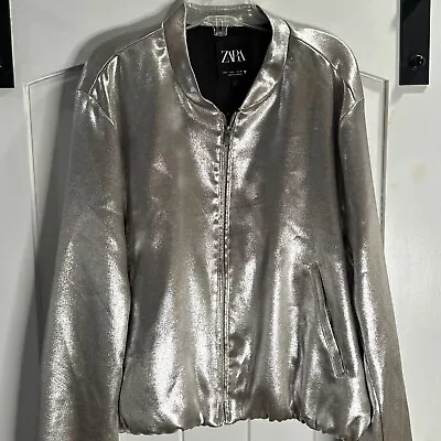 Zara Woman’s Basic Zippered Jacket Metallic Shimmer Sz L Slash Pockets RN77302 • $20