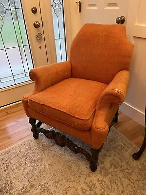 Antique Carved Angel Cherub Mahogany Arm Chair (Vintage 70s Reupholstered) Tudor • $190