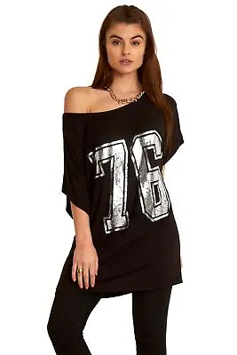 £6.99 • Buy Womens Ladies Batwing Sleeve Printed Off Shoulder Bardot Oversized T-Shirt Top