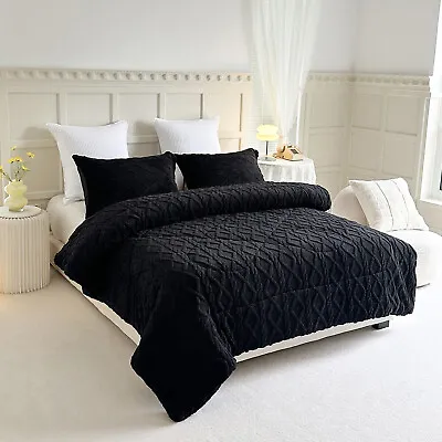 3 Pieces Sherpa Fleece Comforter Set Fluffy Comforter Bedding Set W/2 Pillowcase • $47.99