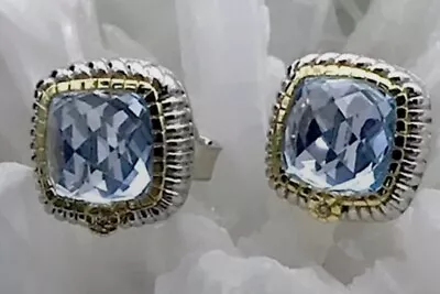 Judith Ripka Sterling Silver 18k Gold Blue Topaz Diamond  Cushion Earrings • $125