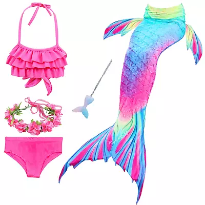 5 Piece Set Kids Mermaid Tail Swimwear Girls Swimsuit Swimming Bikini Costume • £6.50