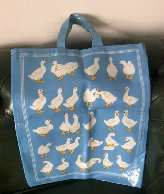 Vintage Large Oilcloth Shopping Tote Bag Waterproof Geese Motif Sky Blue U75 • £14.99