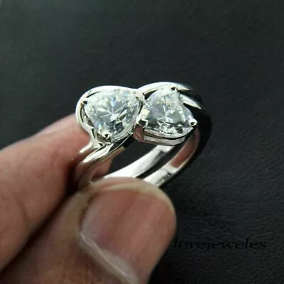 1.50CT Heart Shape Real Moissanite 2-Stone Engagement Wedding 925 Silver Ring • $153.68