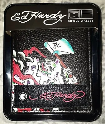 Ed Hardy BiFold Black Faux Leather Wallet Grim Reaper Tattoo New In Damaged Box • $28.99