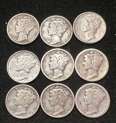 Lot Of 9 Mercury Dimes Better Dates Silver Coins 1918-1943 MD130 • $0.99