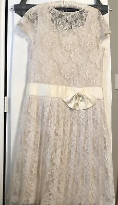 Vintage HALSTON III Ivory Lace Dress Drop Waist Pleated Satin Bow Wedding Sz 4 • $24.99