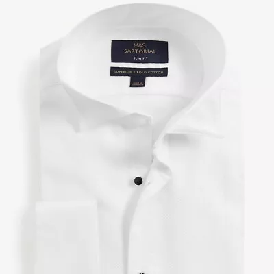 M&S Tailored 16.5  Pure 2 Fold Cotton Double Cuff Sartorial White Dinner Shirt • £35.99