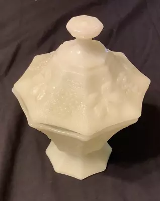 Vintage Anchor Hocking Milk Glass Grape And Leaves Pedestal Candy Dish Vintage  • $13