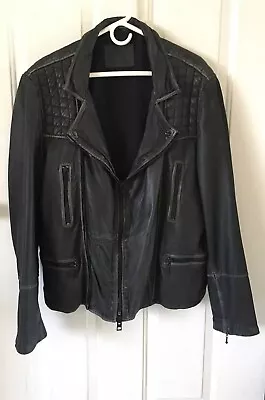 ALL SAINTS Cargo Biker Jacket Leather Black Distressed Quilted Motorcycle Men XL • $215