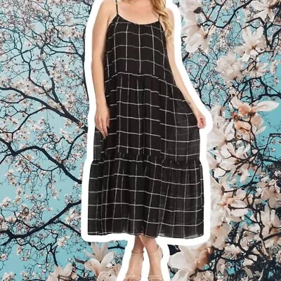 NEW C.O.C. Black/White Check Tiered Flowy Maxi Dress Smock Tier Plaid 16-18 • $45