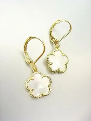NEW 18kt Gold Plated Mother Pearl Shell Flower Lever Back Petite Dangle Earrings • $19.99